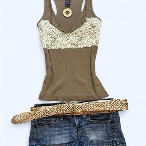 Bisou Bisou Olive Tank with Cream Lace Bust